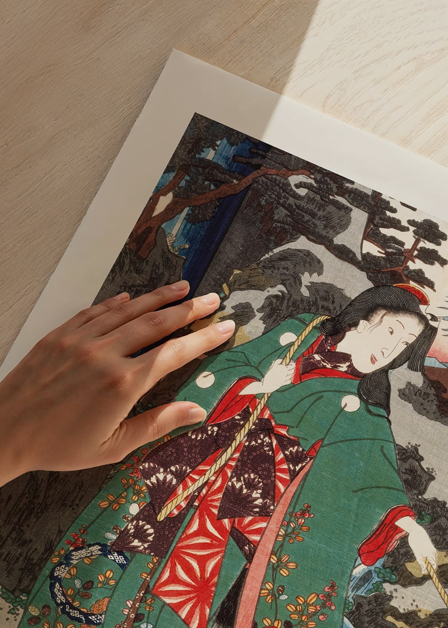 Japansk kvinne i grønn kimono ved en bekk, Utagawa Kunisada-12
