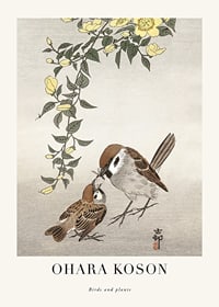 Two sparrows by a flowering twig in Japanese style by Ohara Koson-1