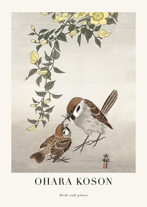 Two sparrows by a flowering twig in Japanese style by Ohara Koson-12