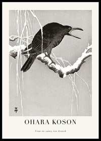 Japansk illustration av kråka på snöig gren av Ohara Koson-0