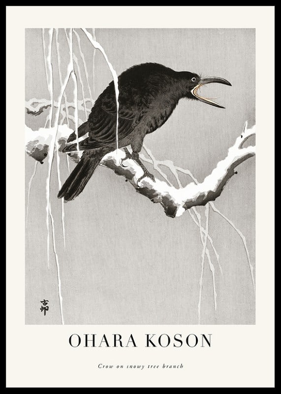 Japansk illustration av kråka på snöig gren av Ohara Koson-12