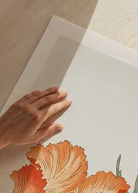 Illustration of orange poppy flower and seed pod by Ohara Koson-3