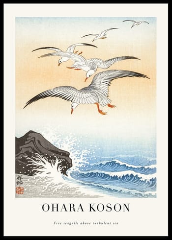 Poster  Five Seagulls Above Turbulent Sea By Ohara Koson
