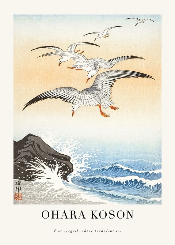 Plagát  Five Seagulls Above Turbulent Sea By Ohara Koson