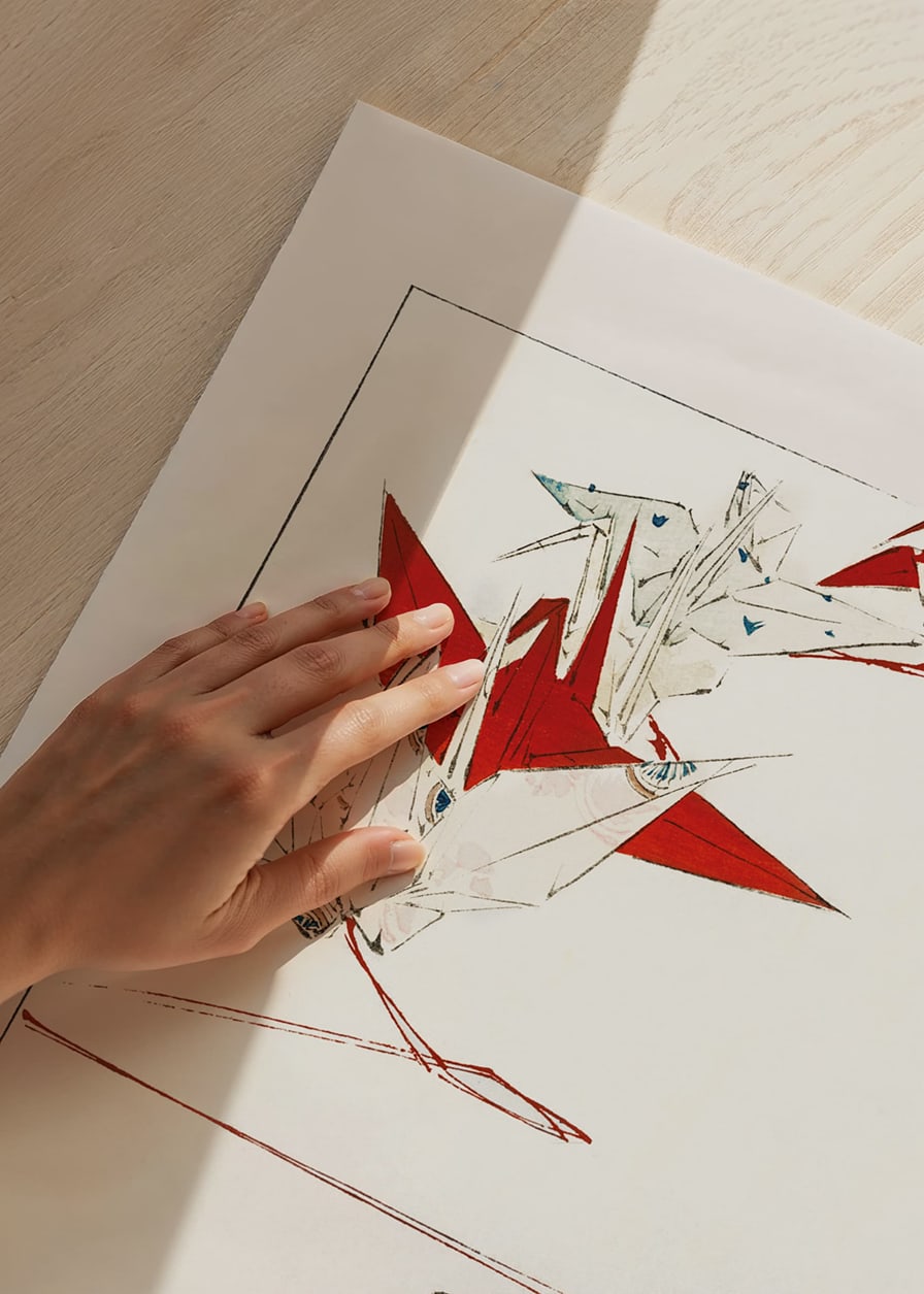 Origami birds in red and white on a light background, Watanabe Seitei-12