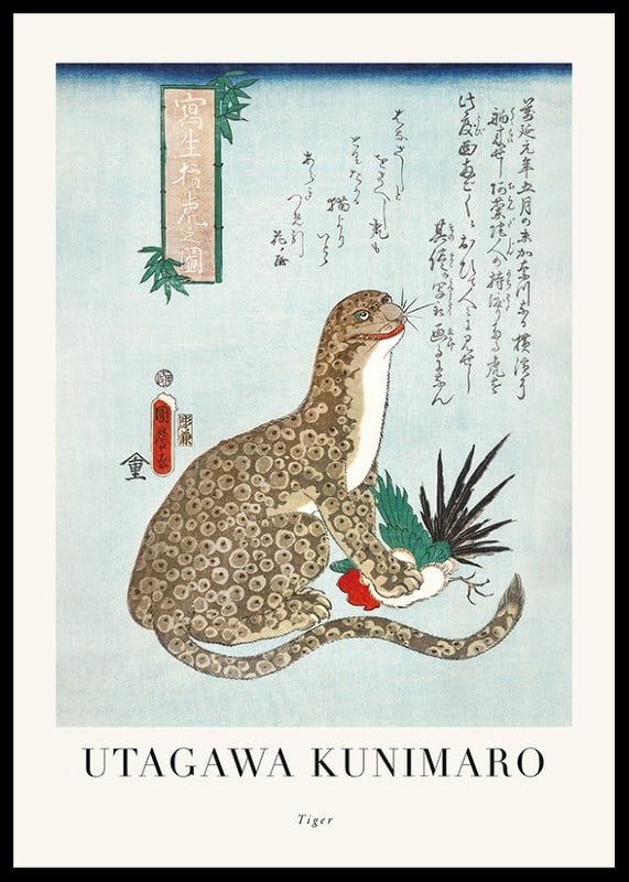 Japansk illustration av sittande tiger med mönstrad päls-12