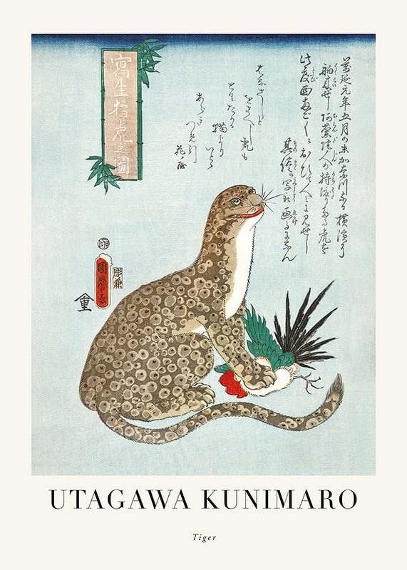 Japansk illustration av sittande tiger med mönstrad päls-12