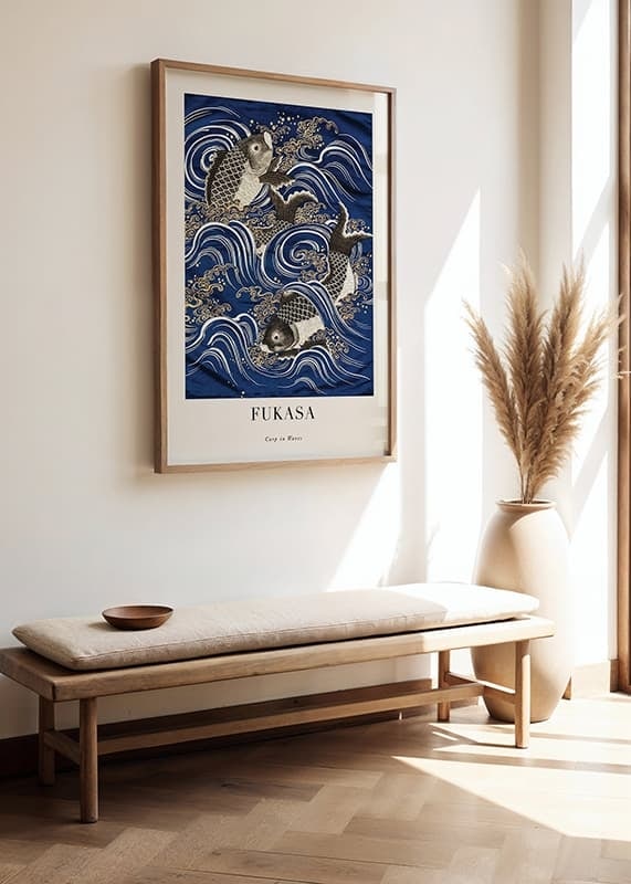 Japansk illustrasjon av karpe blant blå og hvite bølger-12