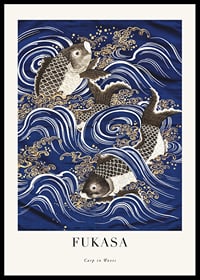 Japansk illustrasjon av karpe blant blå og hvite bølger-0