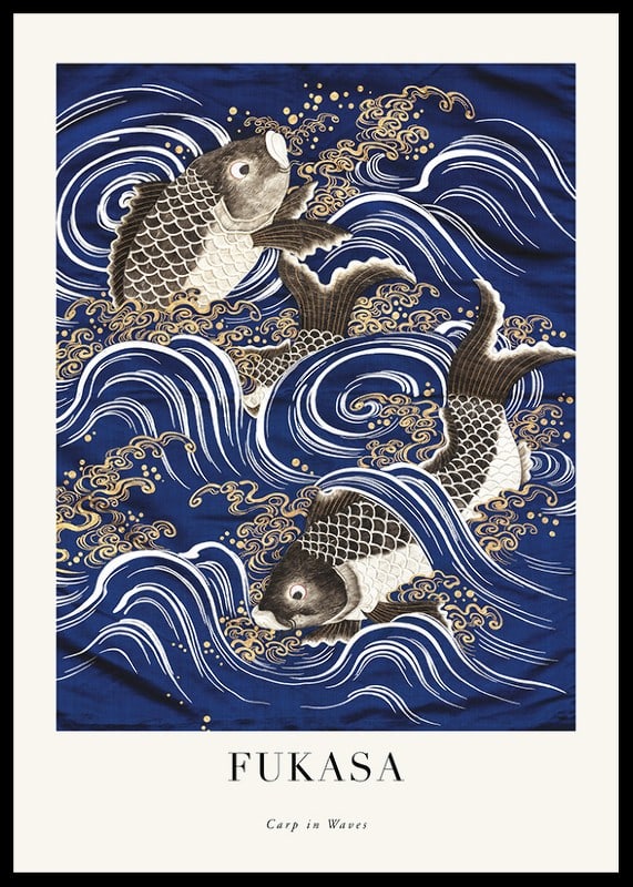 Japansk illustrasjon av karpe blant blå og hvite bølger-12