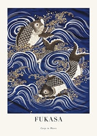 Japansk illustrasjon av karpe blant blå og hvite bølger-1