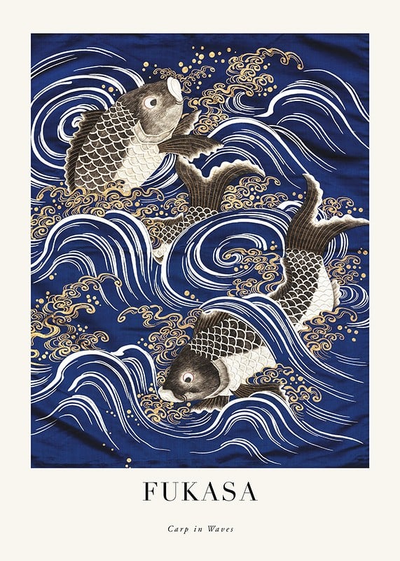 Japansk illustrasjon av karpe blant blå og hvite bølger-12