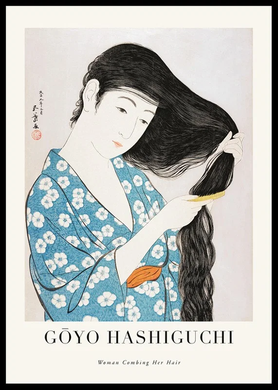 Japansk kvinna i blå kimono kammar långt mörkt hår, Goyō Hashiguchi-12