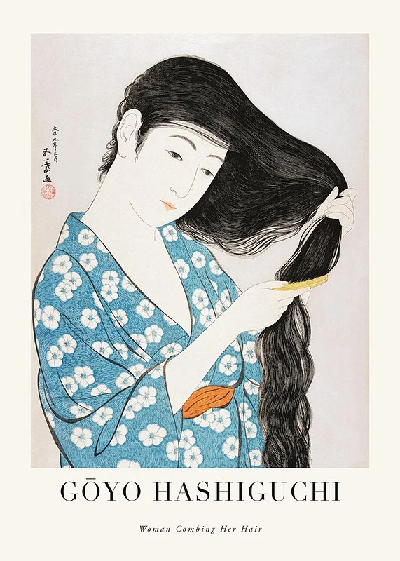 Japansk kvinna i blå kimono kammar långt mörkt hår, Goyō Hashiguchi-12
