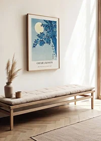 Woodblock print of cherry blossoms against a full moon in blue tones by Ohara Koson-2