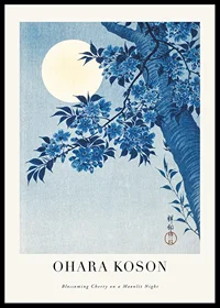 Woodblock print of cherry blossoms against a full moon in blue tones by Ohara Koson-0