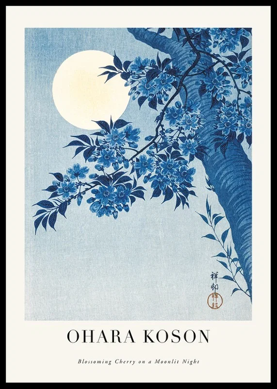 Woodblock print of cherry blossoms against a full moon in blue tones by Ohara Koson-12