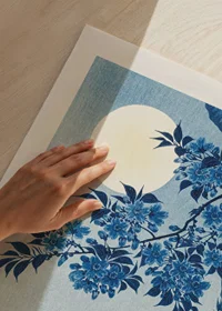 Woodblock print of cherry blossoms against a full moon in blue tones by Ohara Koson-3