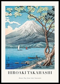 Japanskt landskap med Mount Fuji, sjö och segelbåtar-0