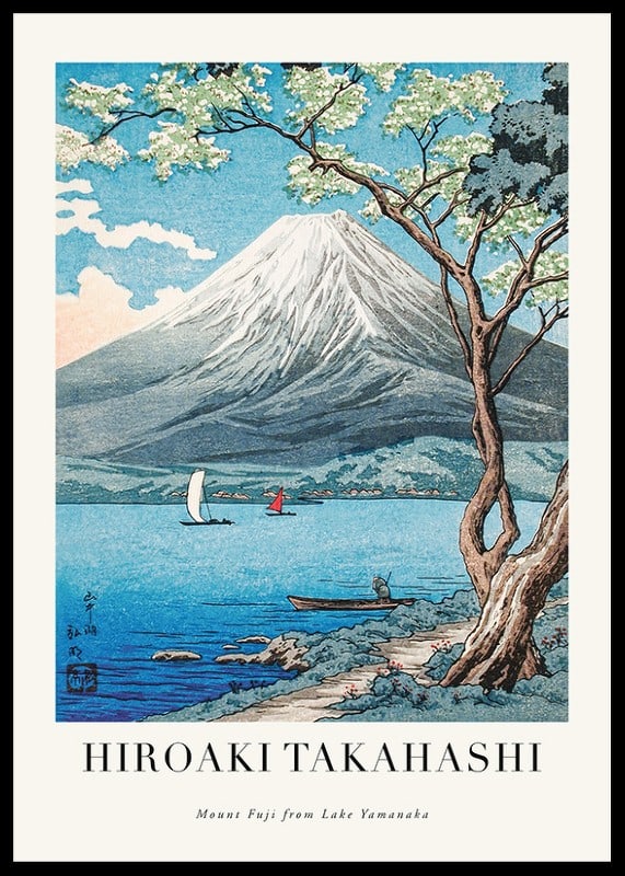 Japanskt landskap med Mount Fuji, sjö och segelbåtar-12
