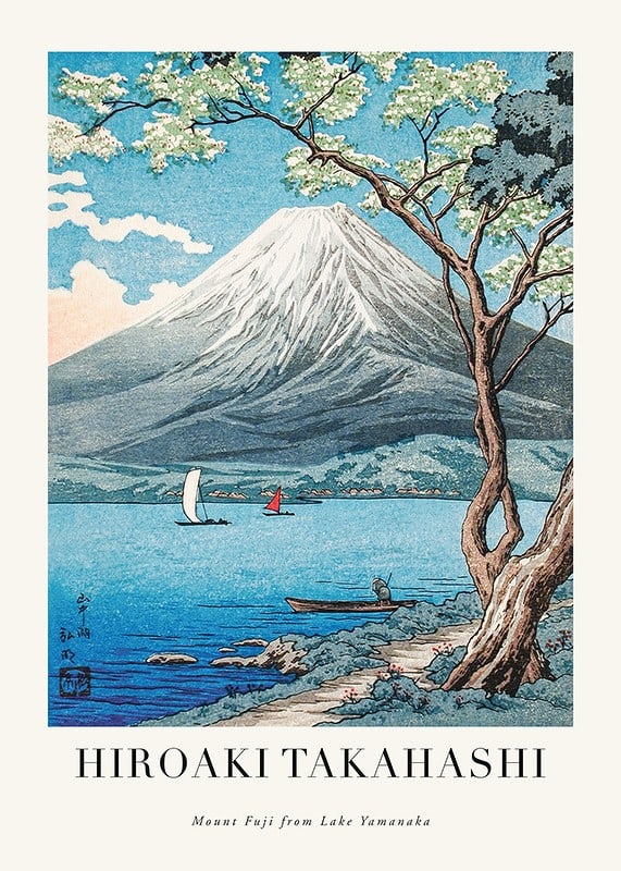 Japanskt landskap med Mount Fuji, sjö och segelbåtar-12