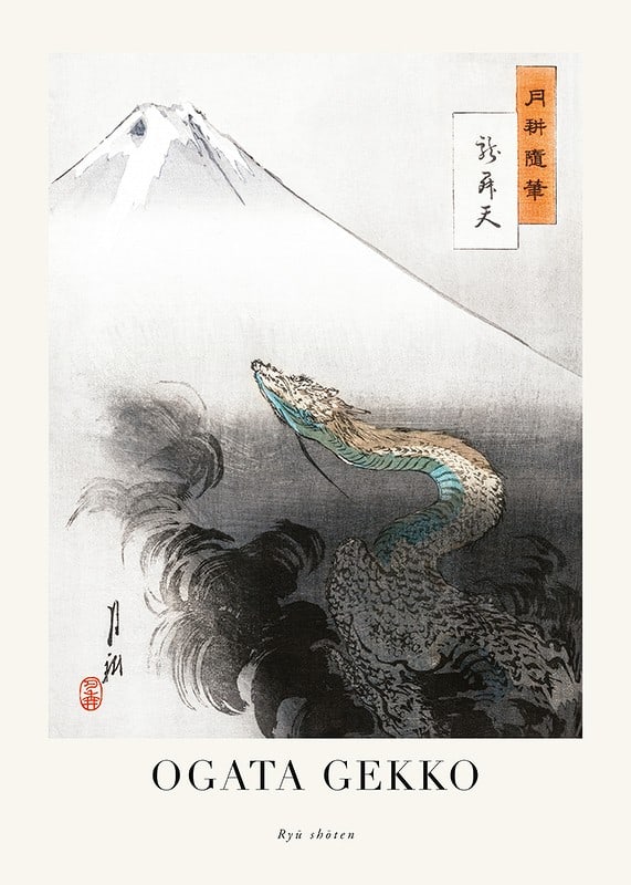 Japansk illustration av drake vid Fuji, mjuka toner av Ogata Gekko-12