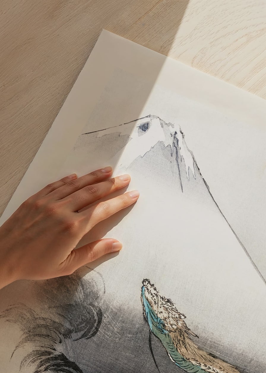 Japansk illustration av drake vid Fuji, mjuka toner av Ogata Gekko-12