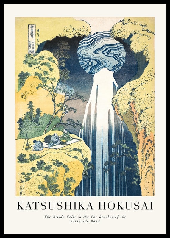 Japanischer Holzschnitt eines hohen Wasserfalls zwischen Klippen und üppigen Hügeln-12