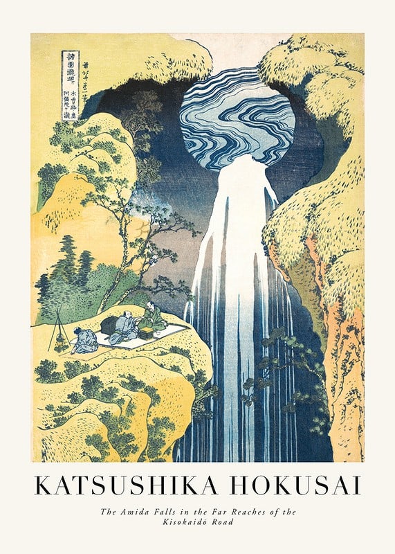 Japanischer Holzschnitt eines hohen Wasserfalls zwischen Klippen und üppigen Hügeln-12