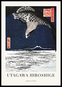 Japanese woodblock print with hawk over winter landscape by Hiroshige-0