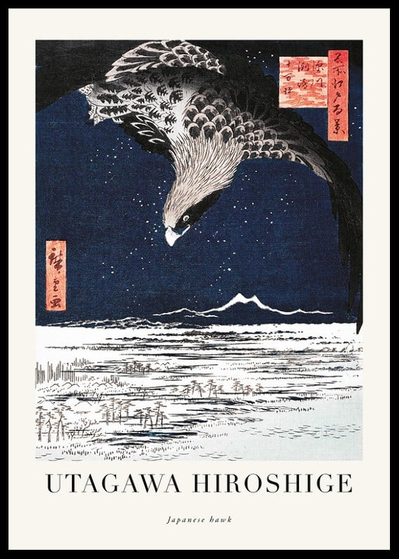 Japanese woodblock print with hawk over winter landscape by Hiroshige-12