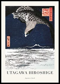 Japanese woodblock print with hawk over winter landscape by Hiroshige-0