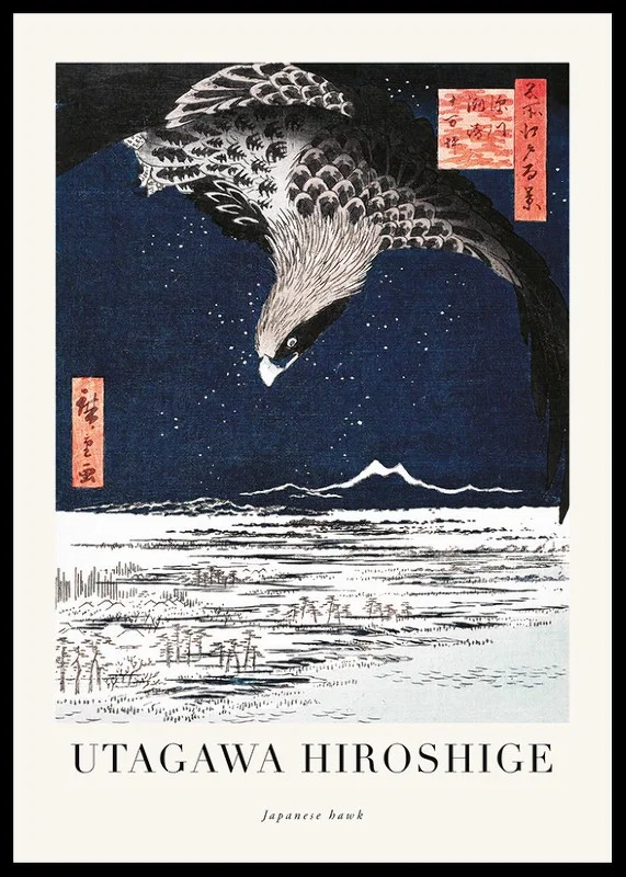 Japanese woodblock print with hawk over winter landscape by Hiroshige-12