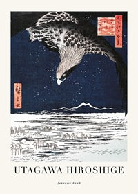 Japanese woodblock print with hawk over winter landscape by Hiroshige-1