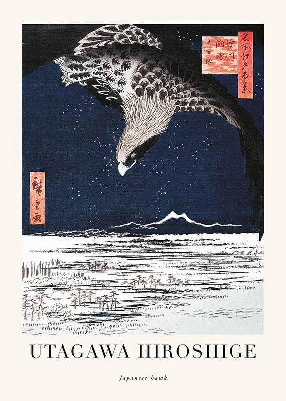 Japanese woodblock print with hawk over winter landscape by Hiroshige-12