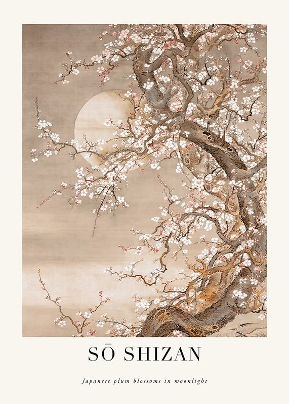 Plagát Japanese Plum Blossoms In Moonlight By Sō Shizan