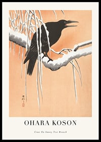 Illustrated crow on snow-covered branch against beige background-0