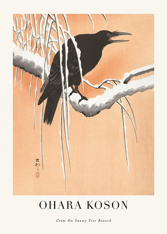 Illustrated crow on snow-covered branch against beige background-12
