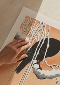 Illustrated crow on snow-covered branch against beige background-3