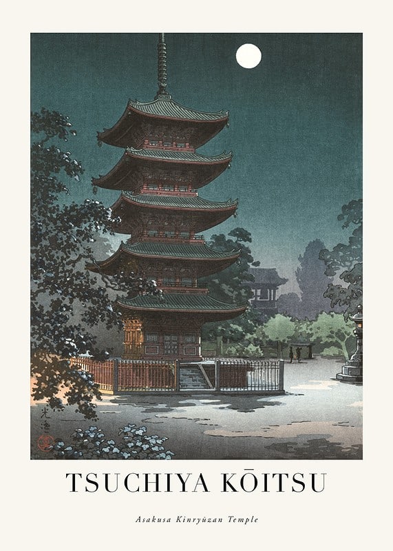 Pagod vid Asakusa Kinryūzan-templet i kvällsljus, Tsuchiya Kōitsu-12