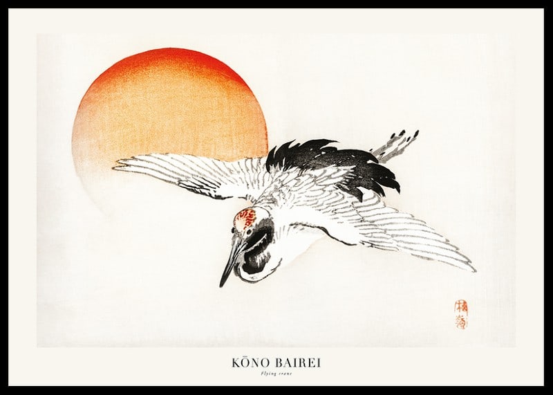 Illustrerad trana i flykt mot röd sol, japansk stil av Kōno Bairei-12