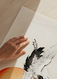 Illustrerad trana i flykt mot röd sol, japansk stil av Kōno Bairei-3