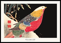 Colorful pheasant in snowy landscape with black and yellow details by Ito Jakuchu-0