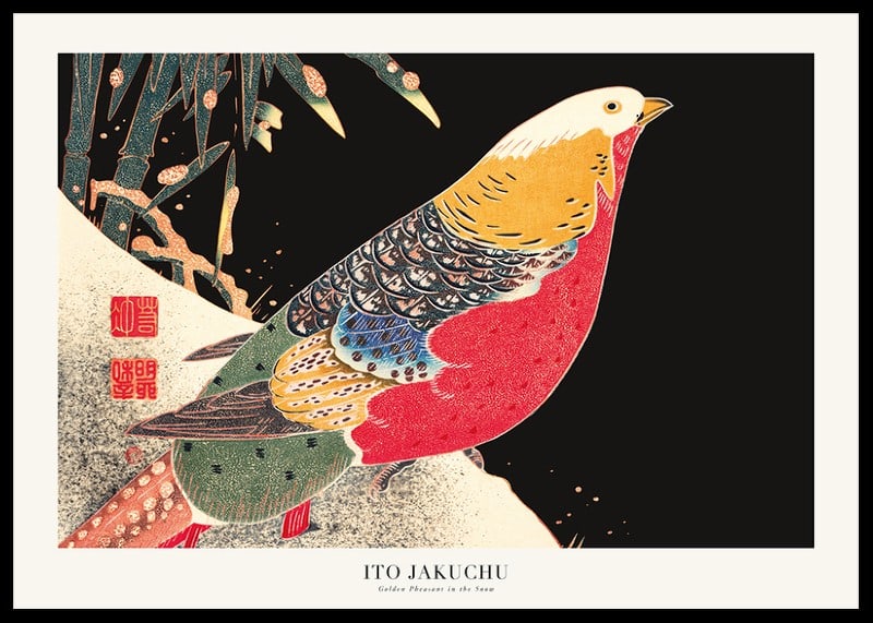 Colorful pheasant in snowy landscape with black and yellow details by Ito Jakuchu-12