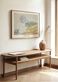 Illustrated Japanese roof ridge with flowering trees and large moon-2
