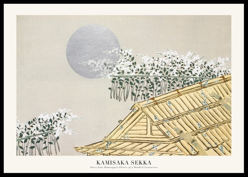 Illustrated Japanese roof ridge with flowering trees and large moon-12