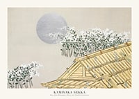 Illustrated Japanese roof ridge with flowering trees and large moon-1