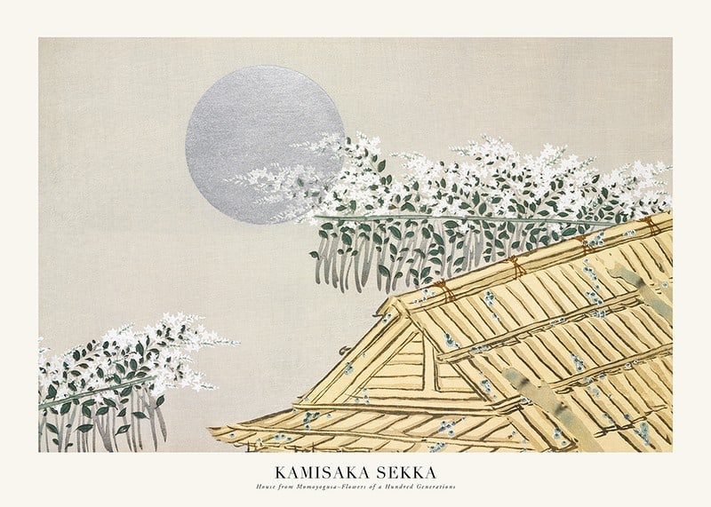 Illustrated Japanese roof ridge with flowering trees and large moon-12