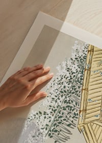 Illustrated Japanese roof ridge with flowering trees and large moon-3