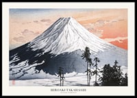 Woodblock print of snow-capped mountains and trees by Hiroaki Takahashi-0